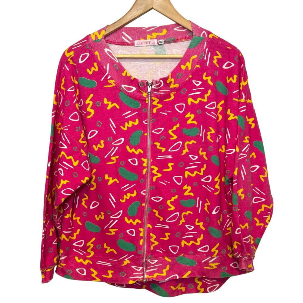 Vintage 1980's Size Medium ESPRIT Neon Pink and Green Full Zip Sweatshirt